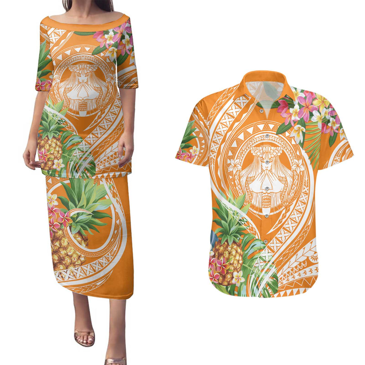 Aloha Hawaii Lanai Couples Matching Puletasi and Hawaiian Shirt Frangipani Mix Pineapple LT7 Orange - Polynesian Pride