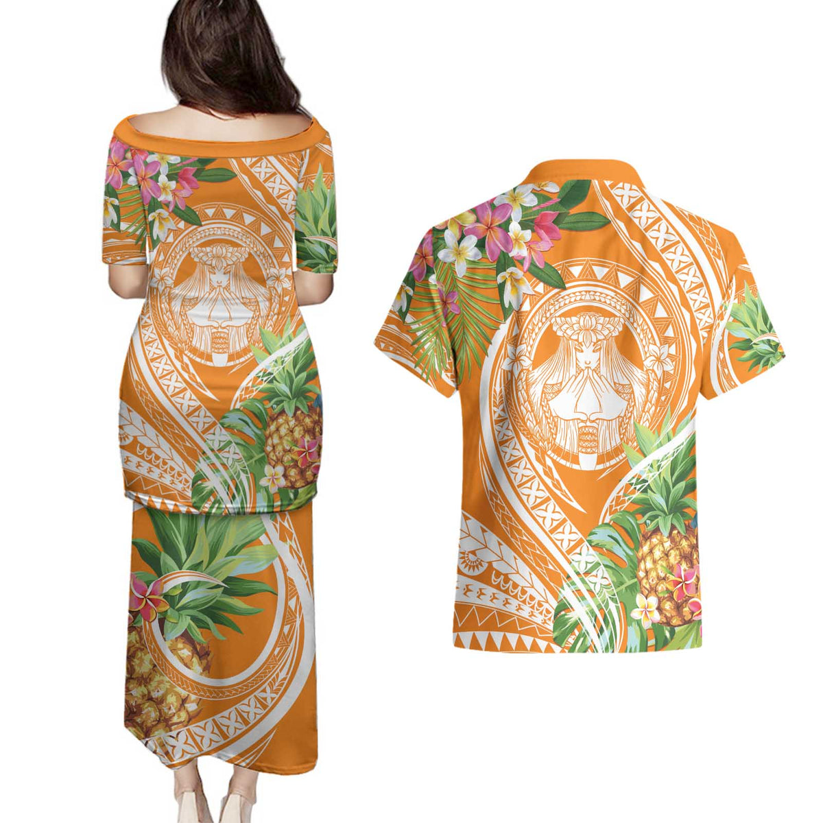 Aloha Hawaii Lanai Couples Matching Puletasi and Hawaiian Shirt Frangipani Mix Pineapple LT7 - Polynesian Pride