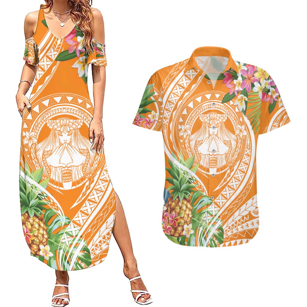 Aloha Hawaii Lanai Couples Matching Summer Maxi Dress and Hawaiian Shirt Frangipani Mix Pineapple LT7 Orange - Polynesian Pride