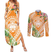 Aloha Hawaii Lanai Couples Matching Summer Maxi Dress and Long Sleeve Button Shirt Frangipani Mix Pineapple LT7 Orange - Polynesian Pride