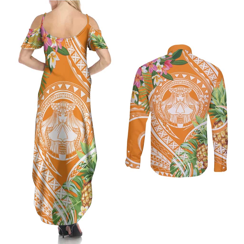 Aloha Hawaii Lanai Couples Matching Summer Maxi Dress and Long Sleeve Button Shirt Frangipani Mix Pineapple LT7 - Polynesian Pride