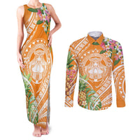 Aloha Hawaii Lanai Couples Matching Tank Maxi Dress and Long Sleeve Button Shirt Frangipani Mix Pineapple LT7 Orange - Polynesian Pride