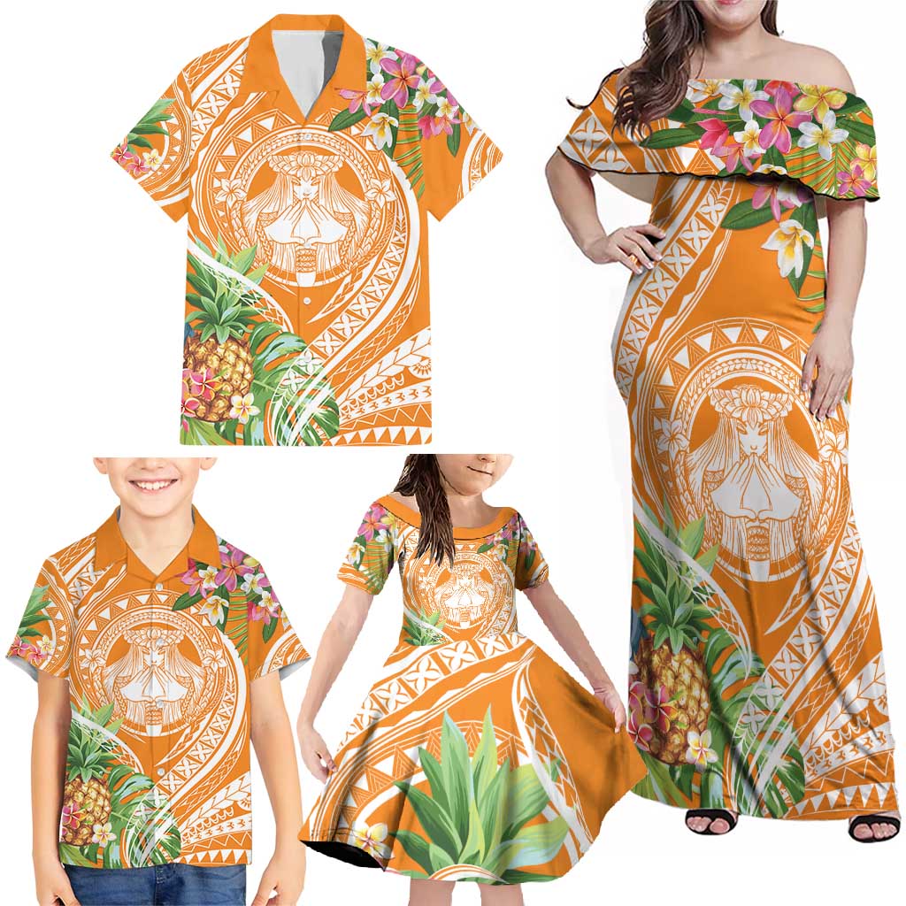 Aloha Hawaii Lanai Family Matching Off Shoulder Maxi Dress and Hawaiian Shirt Frangipani Mix Pineapple