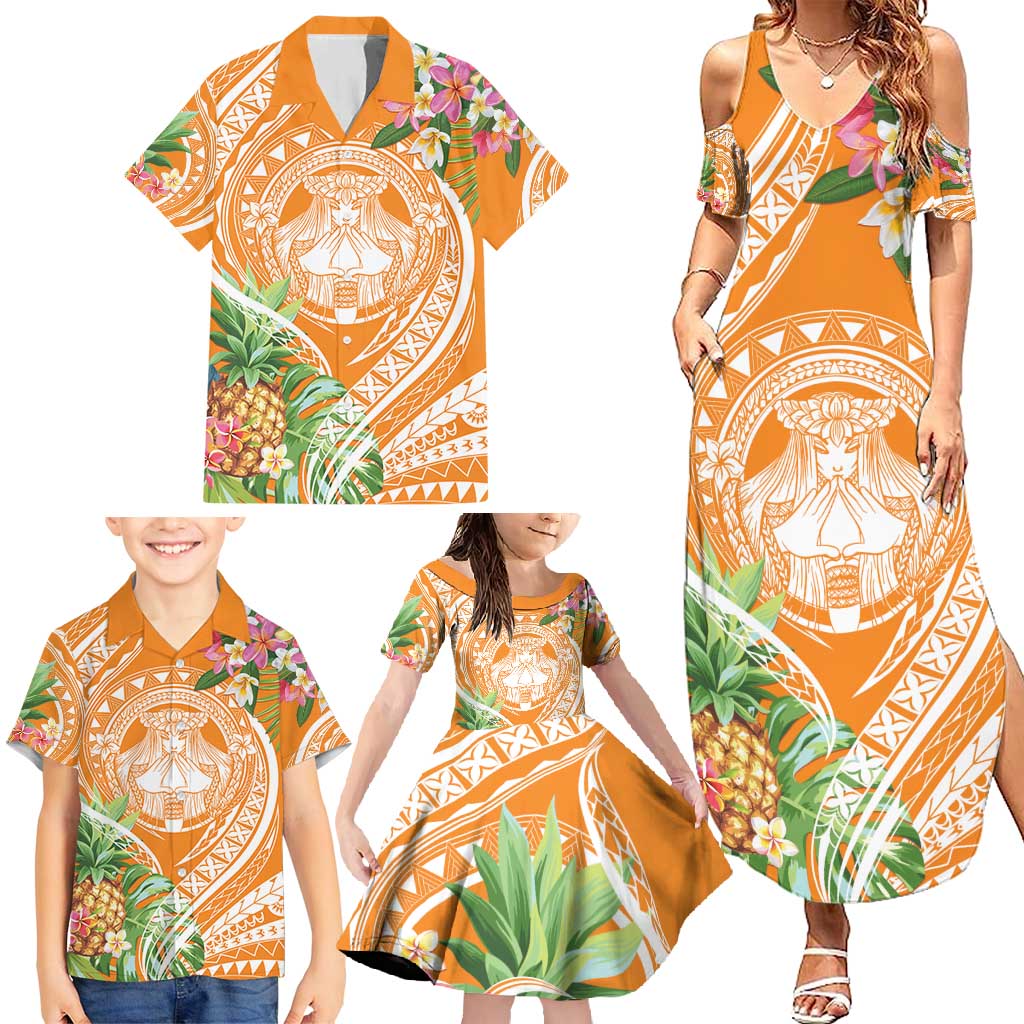 Aloha Hawaii Lanai Family Matching Summer Maxi Dress and Hawaiian Shirt Frangipani Mix Pineapple