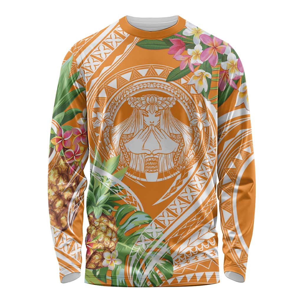 Aloha Hawaii Lanai Long Sleeve Shirt Frangipani Mix Pineapple LT7 Unisex Orange - Polynesian Pride