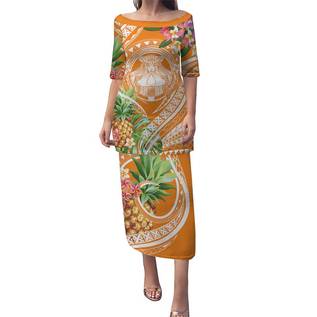 Aloha Hawaii Lanai Puletasi Frangipani Mix Pineapple LT7 Long Dress Orange - Polynesian Pride