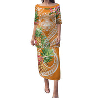 Aloha Hawaii Lanai Puletasi Frangipani Mix Pineapple LT7 Long Dress Orange - Polynesian Pride