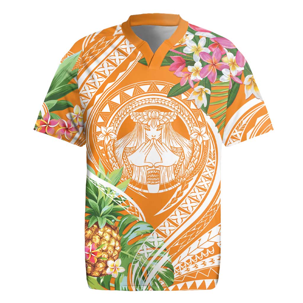 Aloha Hawaii Lanai Rugby Jersey Frangipani Mix Pineapple LT7 Orange - Polynesian Pride