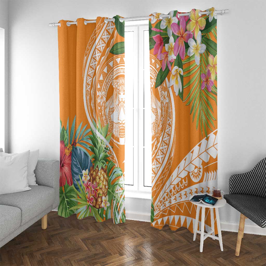 Aloha Hawaii Lanai Window Curtain Frangipani Mix Pineapple LT7 With Grommets Orange - Polynesian Pride