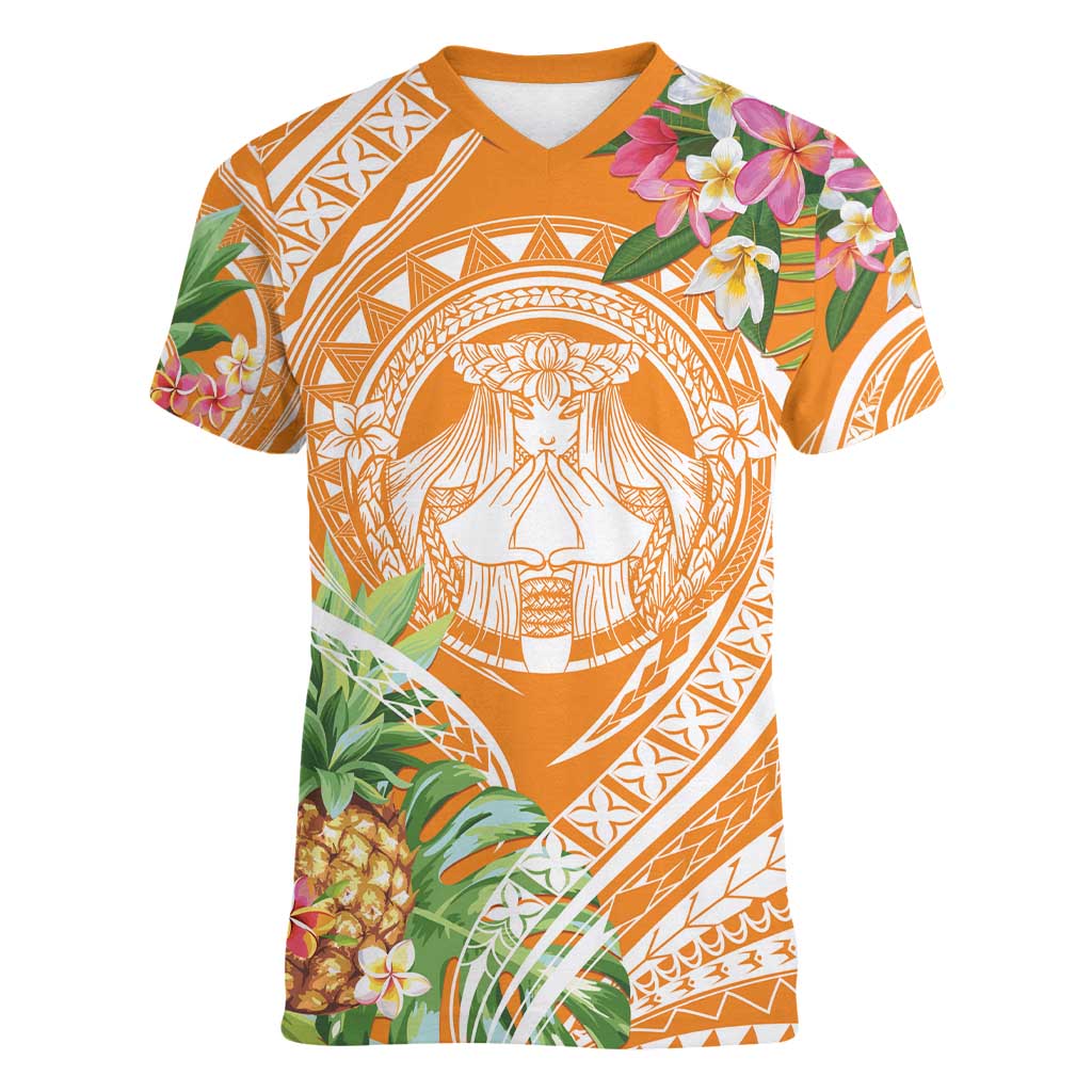 Aloha Hawaii Lanai Women V-Neck T-Shirt Frangipani Mix Pineapple LT7 Female Orange - Polynesian Pride