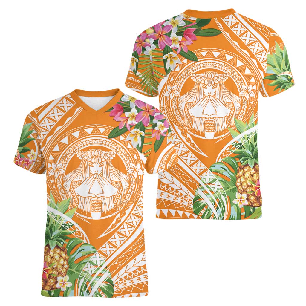 Aloha Hawaii Lanai Women V-Neck T-Shirt Frangipani Mix Pineapple LT7 - Polynesian Pride