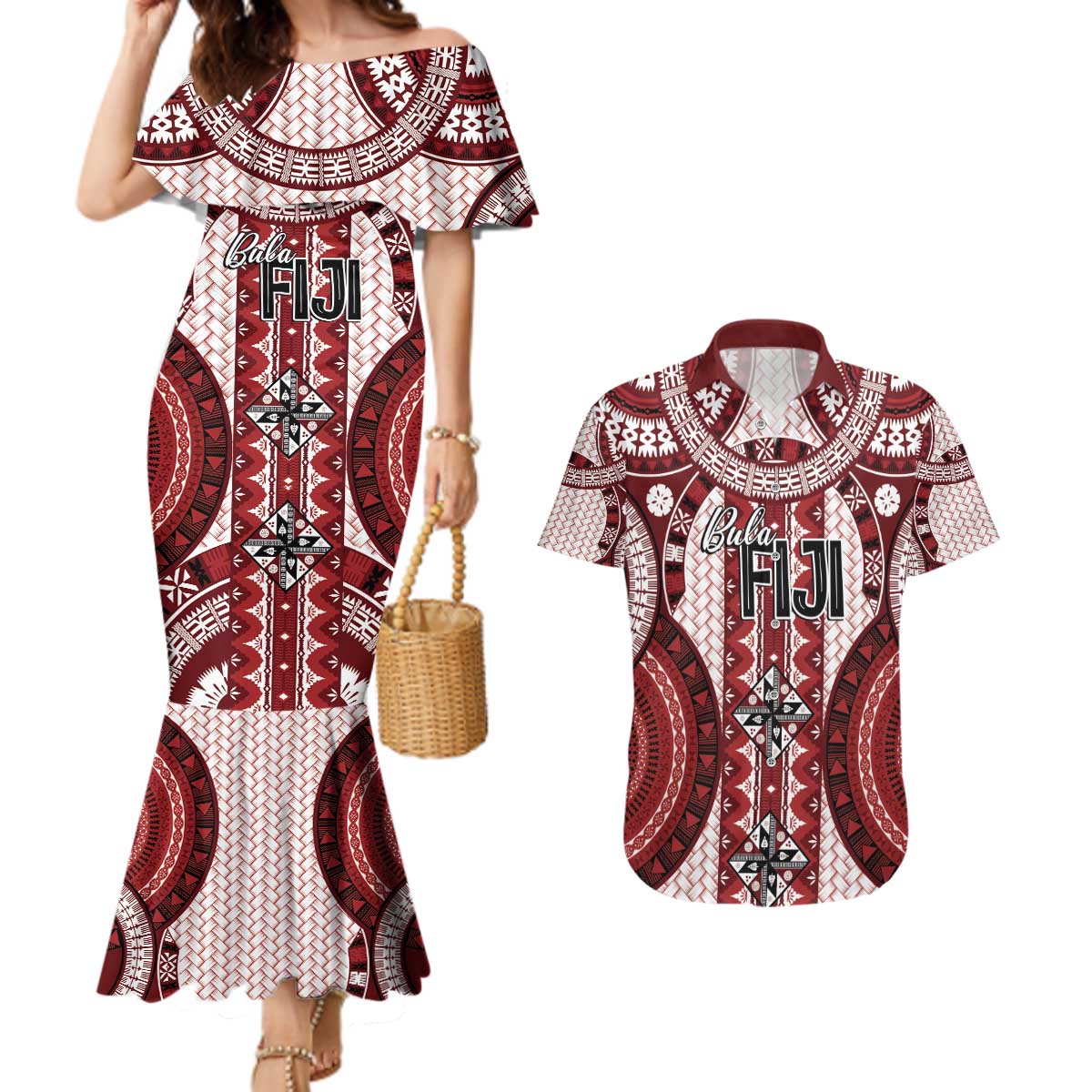 Bula Fiji Vintage Couples Matching Mermaid Dress and Hawaiian Shirt Scarlet Masi Motifs