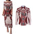Bula Fiji Vintage Couples Matching Puletasi and Long Sleeve Button Shirt Scarlet Masi Motifs