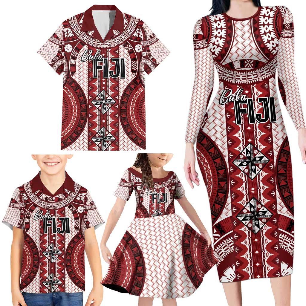 Bula Fiji Vintage Family Matching Long Sleeve Bodycon Dress and Hawaiian Shirt Scarlet Masi Motifs
