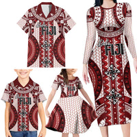 Bula Fiji Vintage Family Matching Long Sleeve Bodycon Dress and Hawaiian Shirt Scarlet Masi Motifs