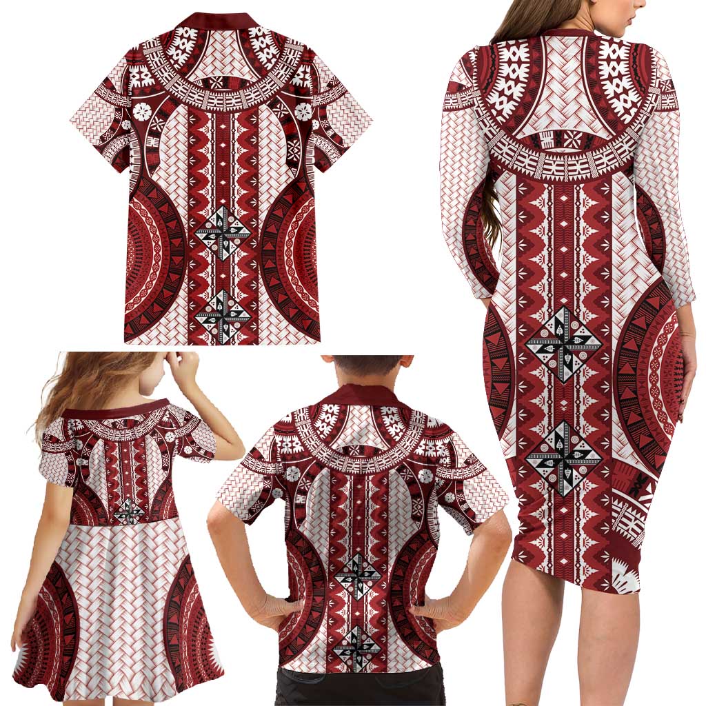 Bula Fiji Vintage Family Matching Long Sleeve Bodycon Dress and Hawaiian Shirt Scarlet Masi Motifs