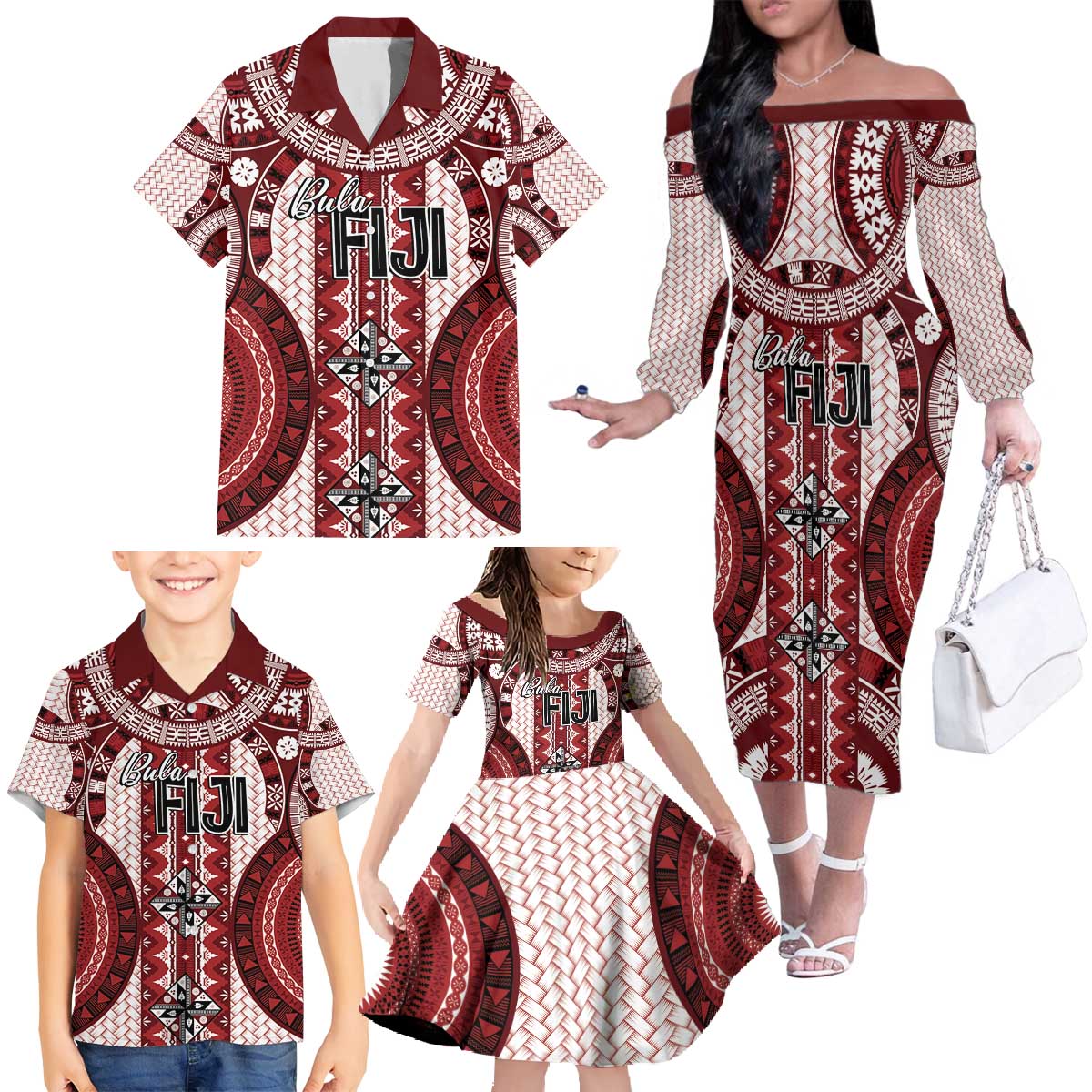 Bula Fiji Vintage Family Matching Off The Shoulder Long Sleeve Dress and Hawaiian Shirt Scarlet Masi Motifs