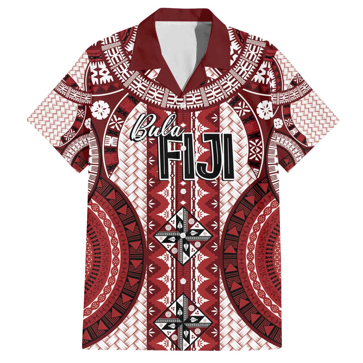 Bula Fiji Vintage Family Matching Off The Shoulder Long Sleeve Dress and Hawaiian Shirt Scarlet Masi Motifs