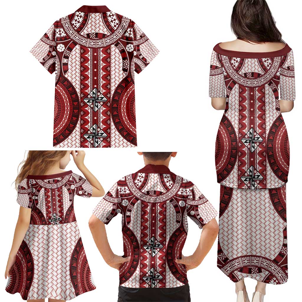 Bula Fiji Vintage Family Matching Puletasi and Hawaiian Shirt Scarlet Masi Motifs