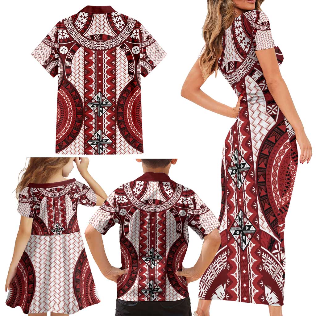 Bula Fiji Vintage Family Matching Short Sleeve Bodycon Dress and Hawaiian Shirt Scarlet Masi Motifs