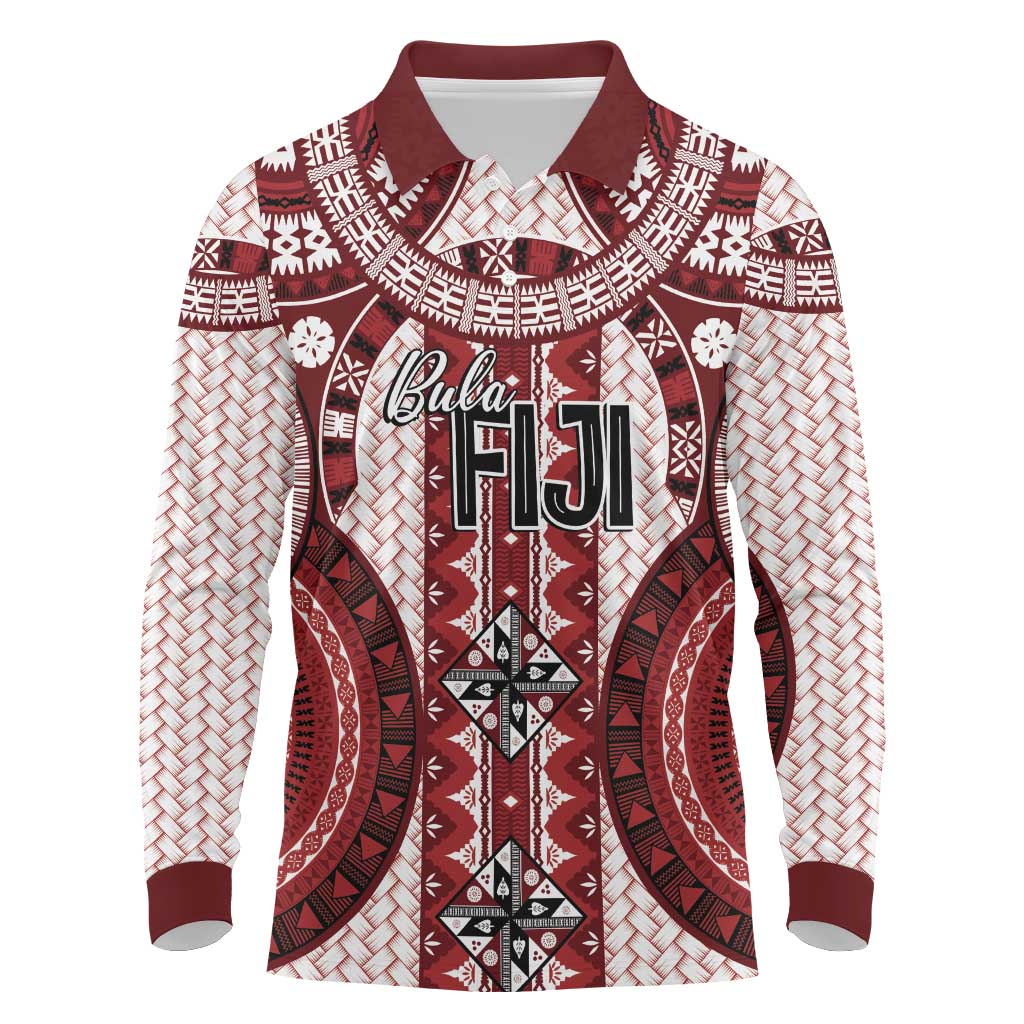 Bula Fiji Vintage Long Sleeve Polo Shirt Scarlet Masi Motifs
