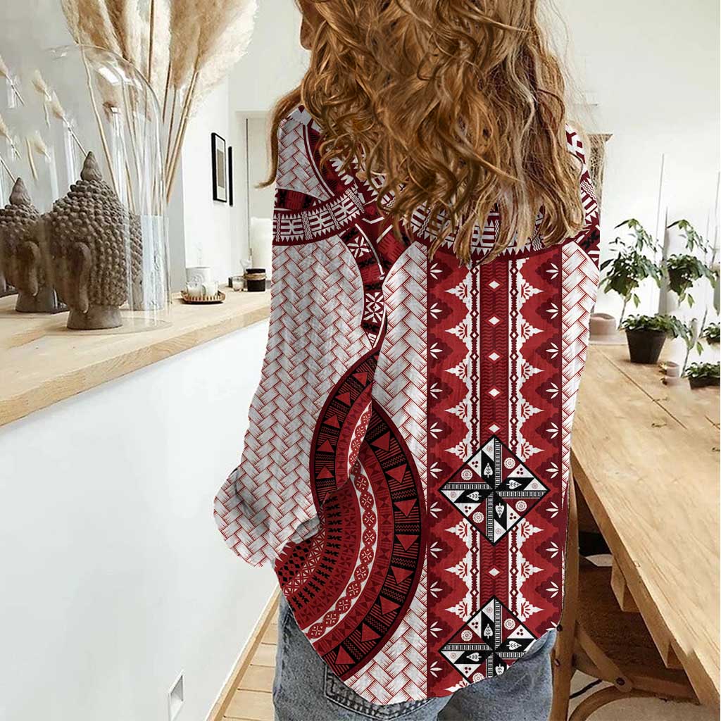 Bula Fiji Vintage Women Casual Shirt Scarlet Masi Motifs