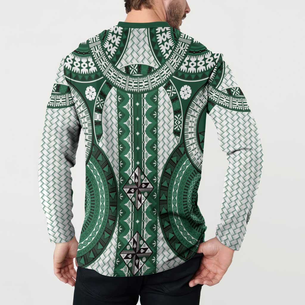 Bula Fiji Vintage Button Sweatshirt Phthalo Green Masi Motifs