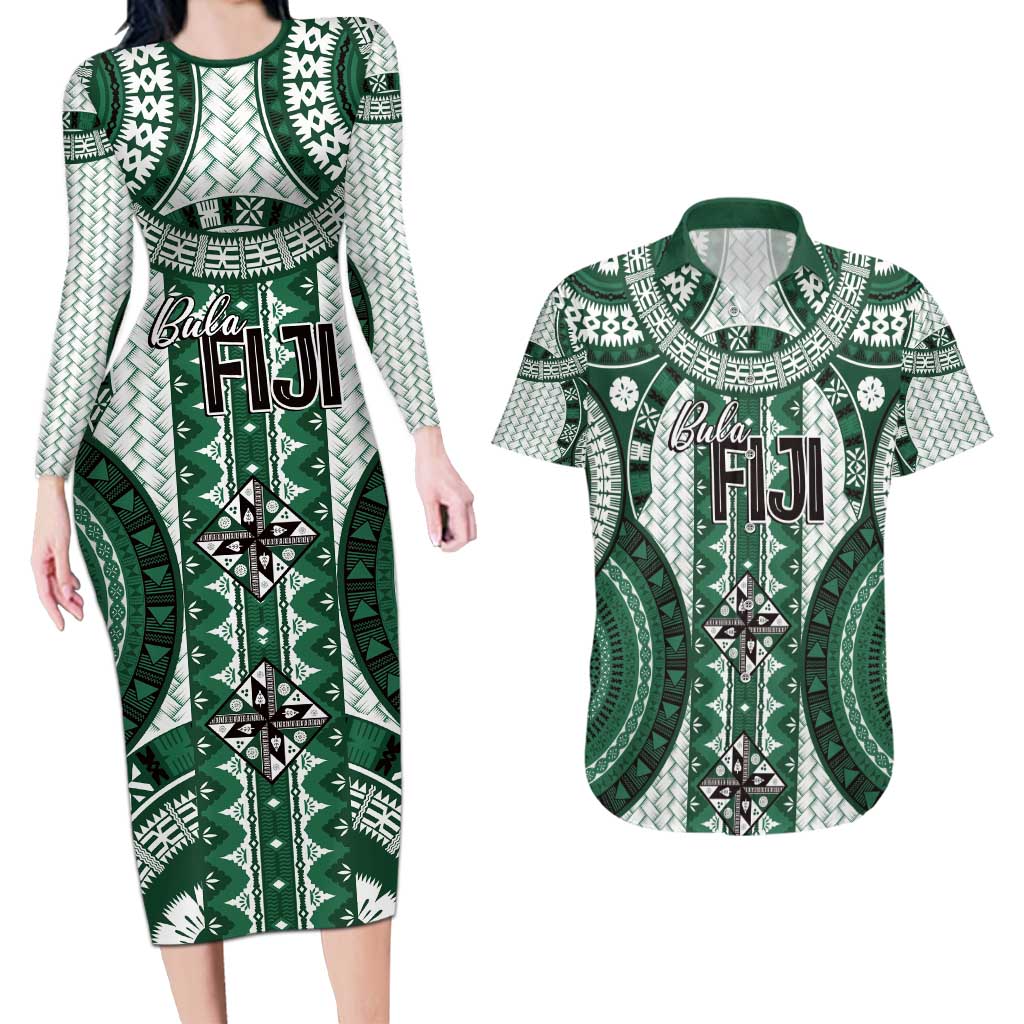 Bula Fiji Vintage Couples Matching Long Sleeve Bodycon Dress and Hawaiian Shirt Phthalo Green Masi Motifs