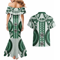 Bula Fiji Vintage Couples Matching Mermaid Dress and Hawaiian Shirt Phthalo Green Masi Motifs