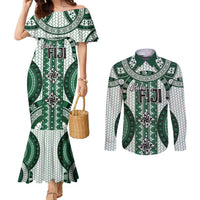 Bula Fiji Vintage Couples Matching Mermaid Dress and Long Sleeve Button Shirt Phthalo Green Masi Motifs