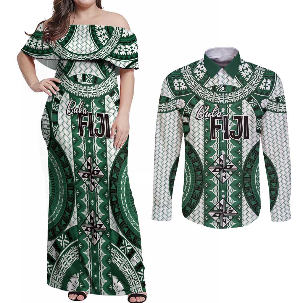 Bula Fiji Vintage Couples Matching Off Shoulder Maxi Dress and Long Sleeve Button Shirt Phthalo Green Masi Motifs