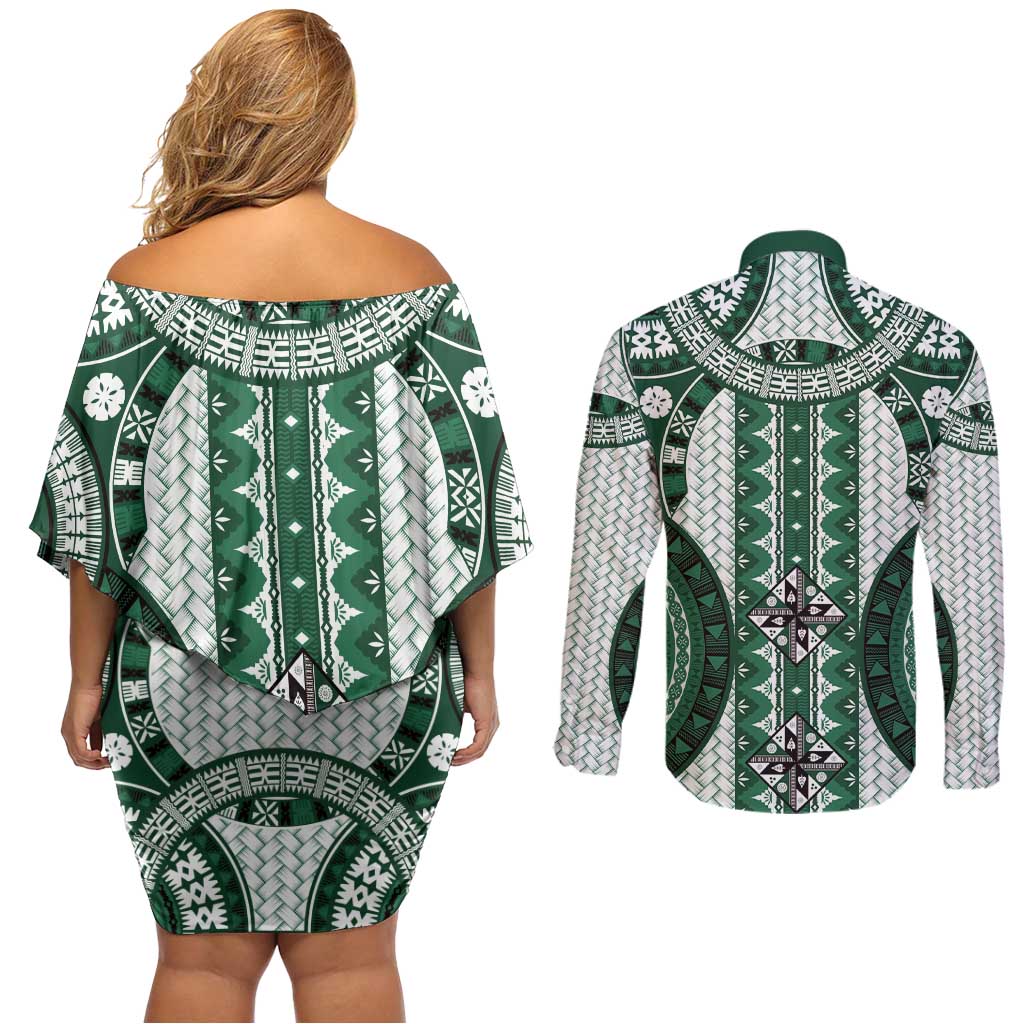 Bula Fiji Vintage Couples Matching Off Shoulder Short Dress and Long Sleeve Button Shirt Phthalo Green Masi Motifs