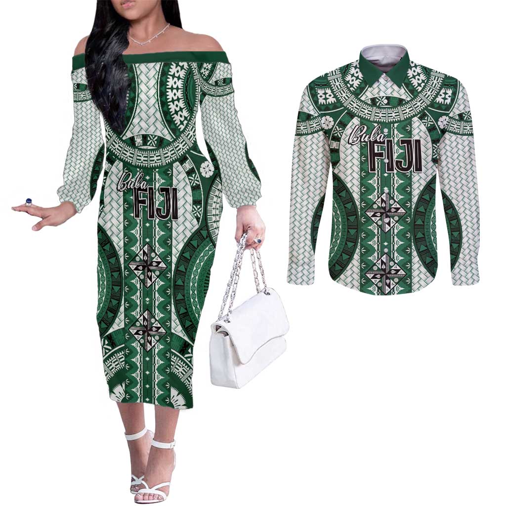 Bula Fiji Vintage Couples Matching Off The Shoulder Long Sleeve Dress and Long Sleeve Button Shirt Phthalo Green Masi Motifs