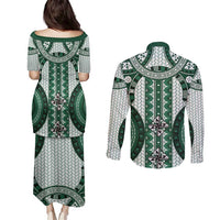 Bula Fiji Vintage Couples Matching Puletasi and Long Sleeve Button Shirt Phthalo Green Masi Motifs