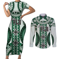 Bula Fiji Vintage Couples Matching Short Sleeve Bodycon Dress and Long Sleeve Button Shirt Phthalo Green Masi Motifs