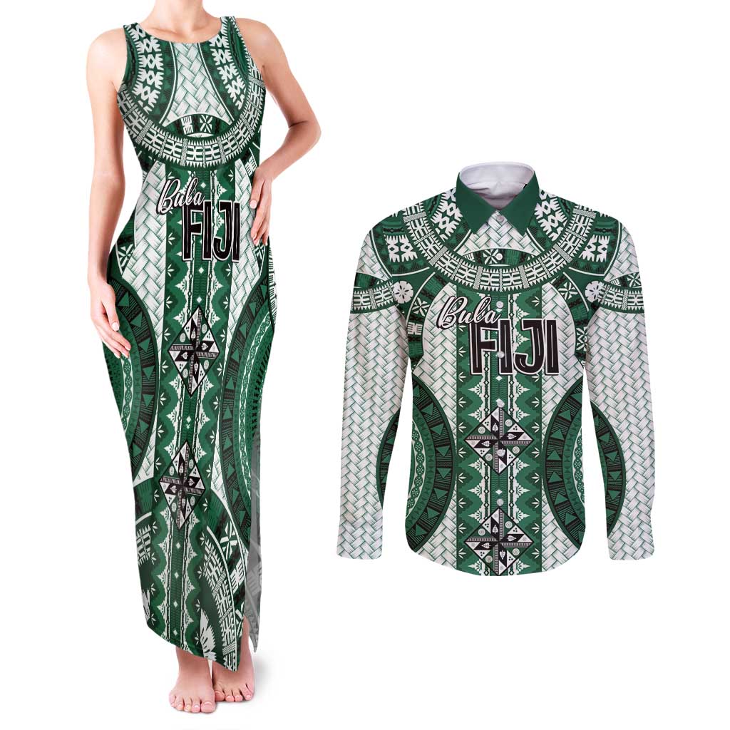Bula Fiji Vintage Couples Matching Tank Maxi Dress and Long Sleeve Button Shirt Phthalo Green Masi Motifs