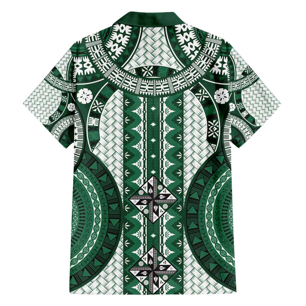 Bula Fiji Vintage Family Matching Long Sleeve Bodycon Dress and Hawaiian Shirt Phthalo Green Masi Motifs