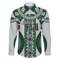 Bula Fiji Vintage Family Matching Long Sleeve Bodycon Dress and Hawaiian Shirt Phthalo Green Masi Motifs