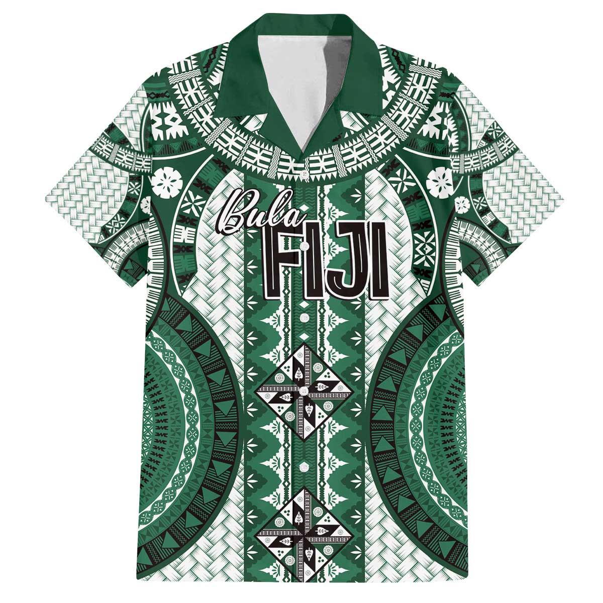 Bula Fiji Vintage Family Matching Off The Shoulder Long Sleeve Dress and Hawaiian Shirt Phthalo Green Masi Motifs