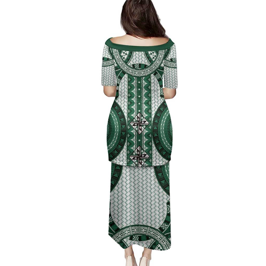 Bula Fiji Vintage Family Matching Puletasi and Hawaiian Shirt Phthalo Green Masi Motifs