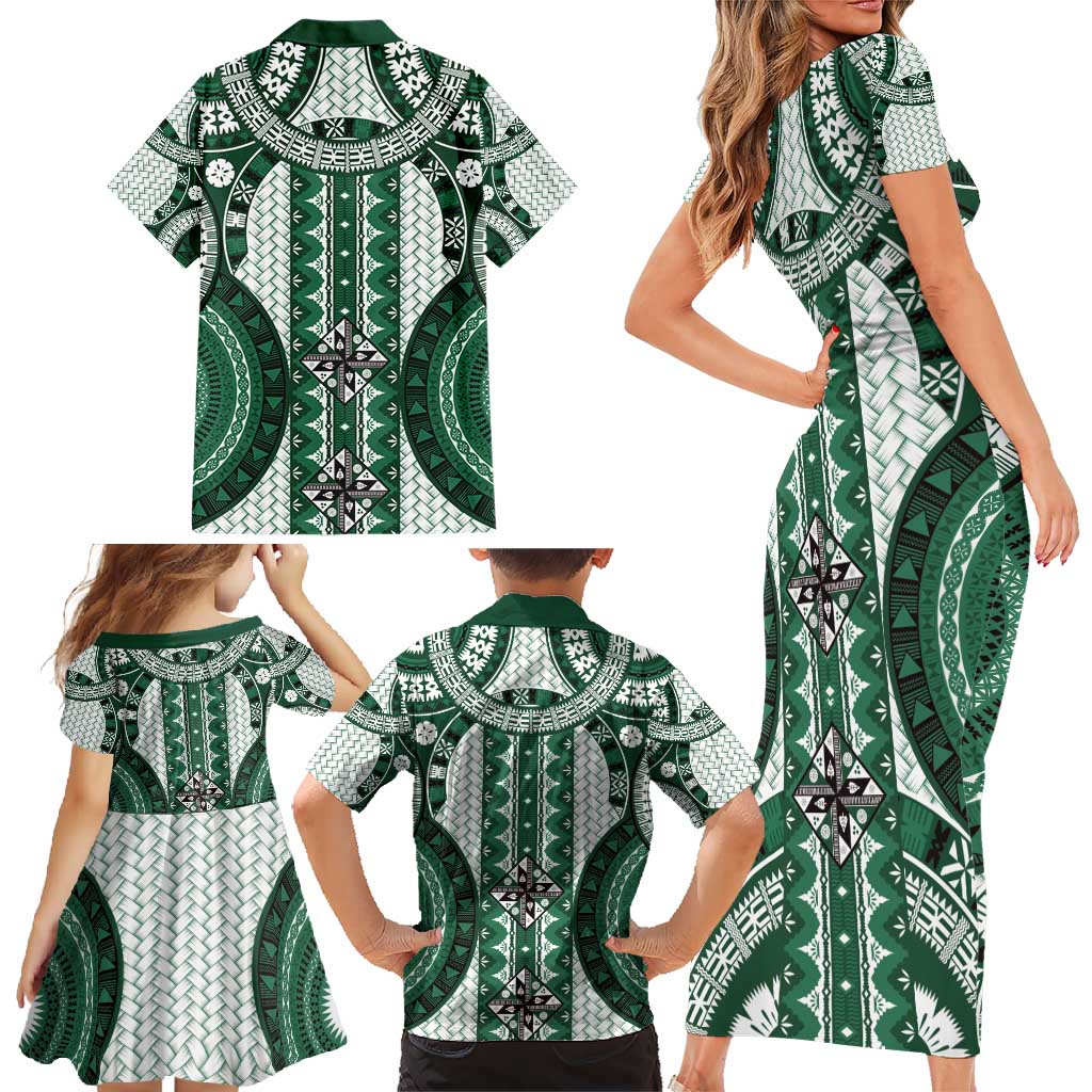 Bula Fiji Vintage Family Matching Short Sleeve Bodycon Dress and Hawaiian Shirt Phthalo Green Masi Motifs