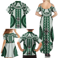 Bula Fiji Vintage Family Matching Summer Maxi Dress and Hawaiian Shirt Phthalo Green Masi Motifs