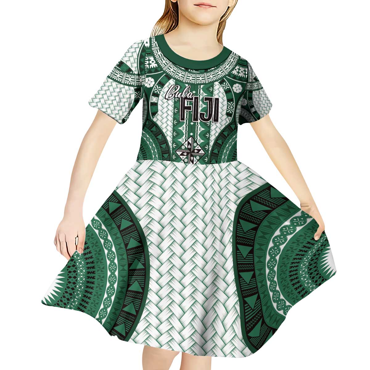 Bula Fiji Vintage Kid Short Sleeve Dress Phthalo Green Masi Motifs