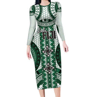 Bula Fiji Vintage Long Sleeve Bodycon Dress Phthalo Green Masi Motifs