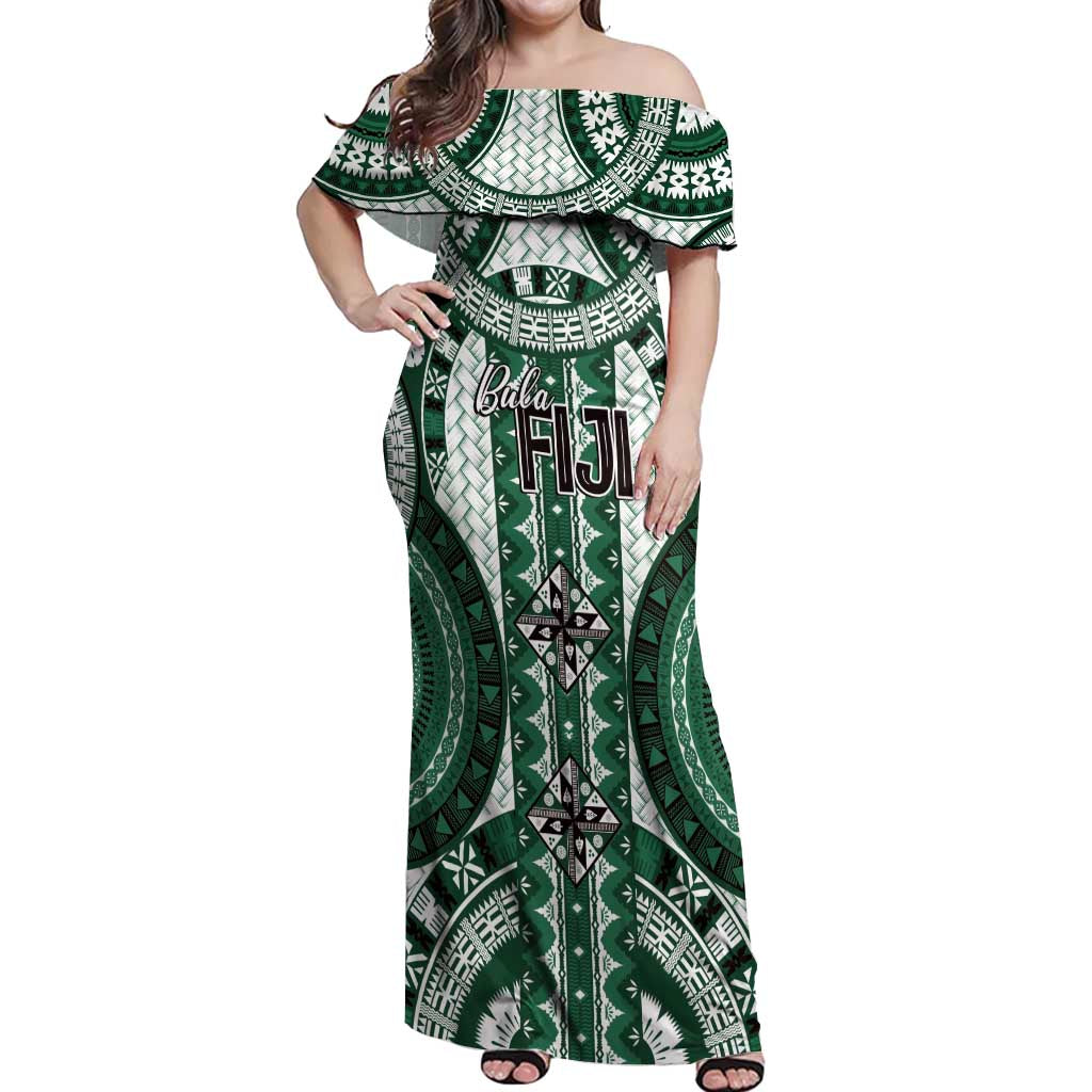 Bula Fiji Vintage Off Shoulder Maxi Dress Phthalo Green Masi Motifs