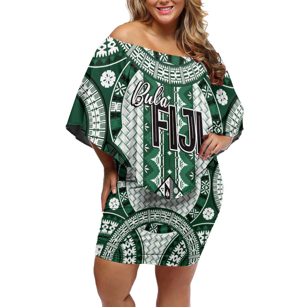 Bula Fiji Vintage Off Shoulder Short Dress Phthalo Green Masi Motifs