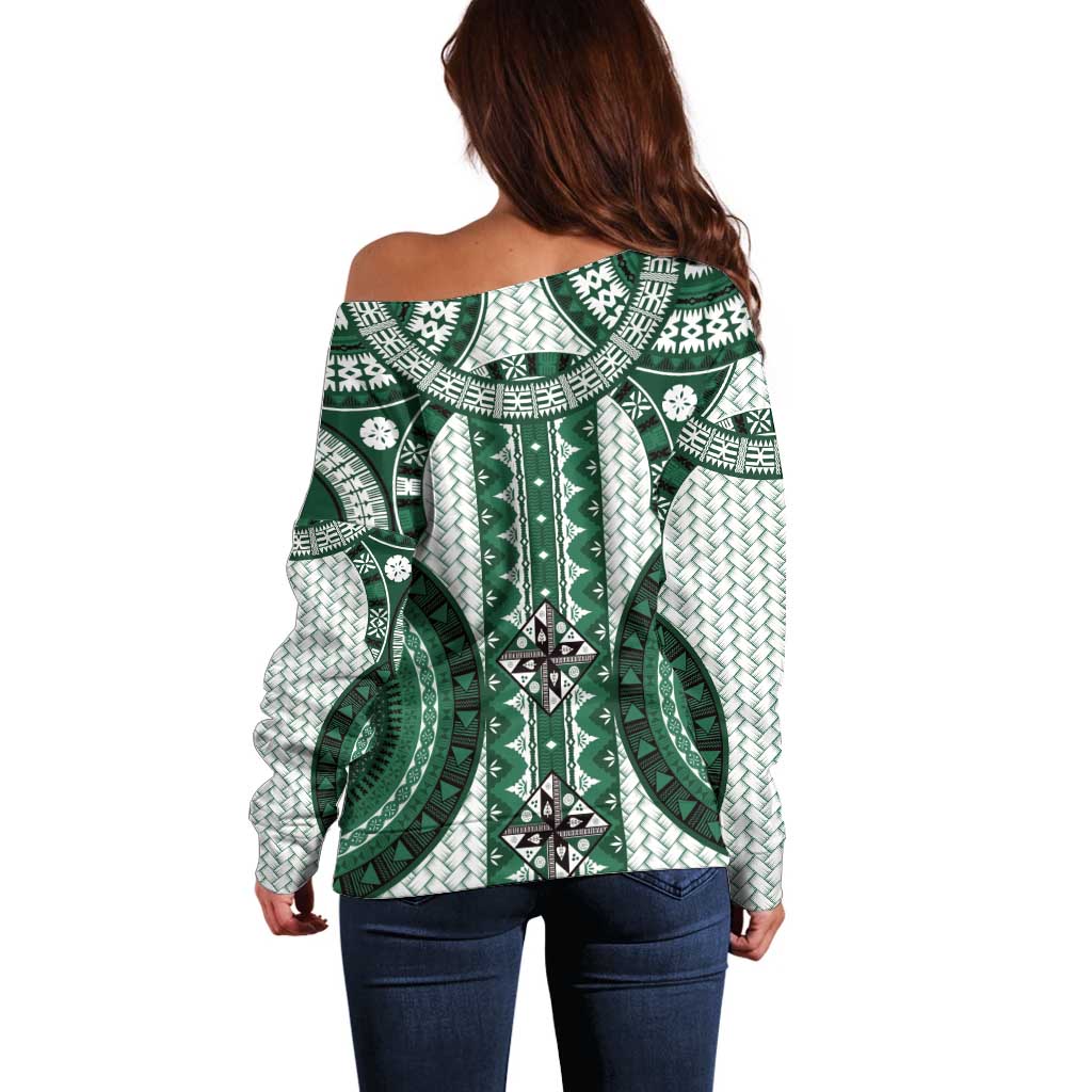 Bula Fiji Vintage Off Shoulder Sweater Phthalo Green Masi Motifs