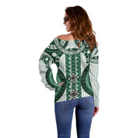 Bula Fiji Vintage Off Shoulder Sweater Phthalo Green Masi Motifs