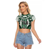 Bula Fiji Vintage Raglan Cropped T Shirt Phthalo Green Masi Motifs