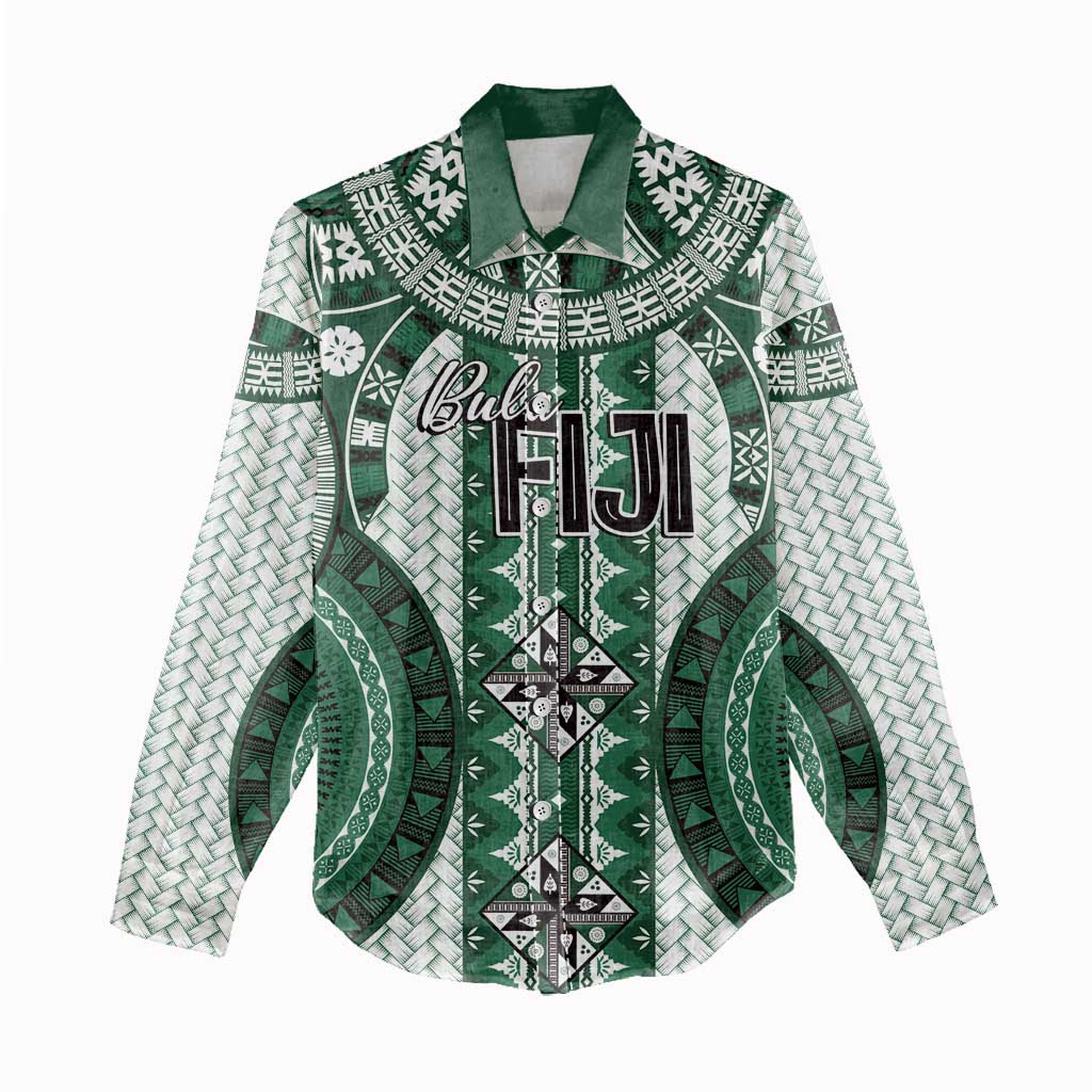 Bula Fiji Vintage Women Casual Shirt Phthalo Green Masi Motifs